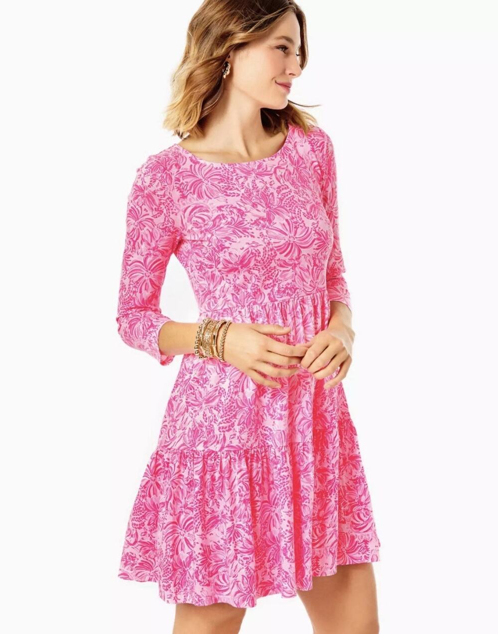 Lilly Pulitzer Geanna Swing Dress — S Pink Blossom Foxy Llama 3/4 Sleeve Tiered